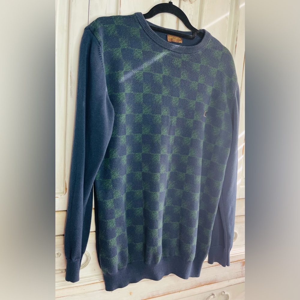 Louis Vuitton men’s cotton navy/green checkered sweater size XL